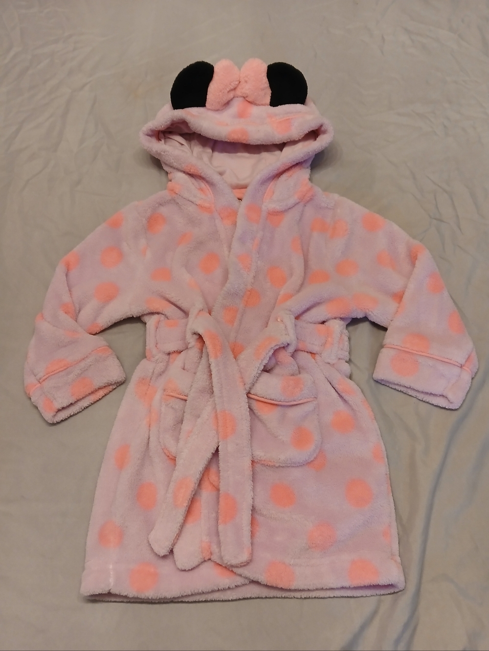 DISNEY Pink Polka Dot Plush Hooded Kids Robe with Minnie Ears - Size 3T